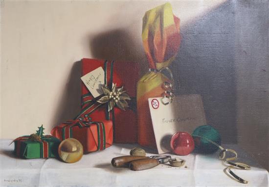 Harriet Gosling, oil on canvas, Christmas Presents, signed and dated 92, 40 x 58cm, unframed